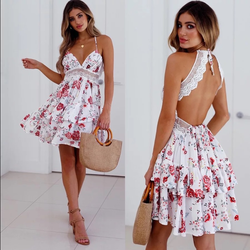 SHORT BOHO SUMMER DRESS WITH LACE DESIGN - FLORAL